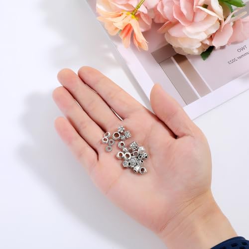 200PCS 1-5mm Hole Spacer Beads Tibetan Antique Silver Rondelle Spacers Bead, Assorted Styles Metal Filigree Loose Ball Bead Charms Kits for Bracelets Jewelry Making