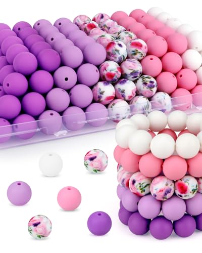 100 Pcs 15mm Silicone Beads for Keychain Making, Purple White Silicone Beads Bulk Round for Bracelets Pens Crafts Jewelry Making (Purple White) - color: Purple White