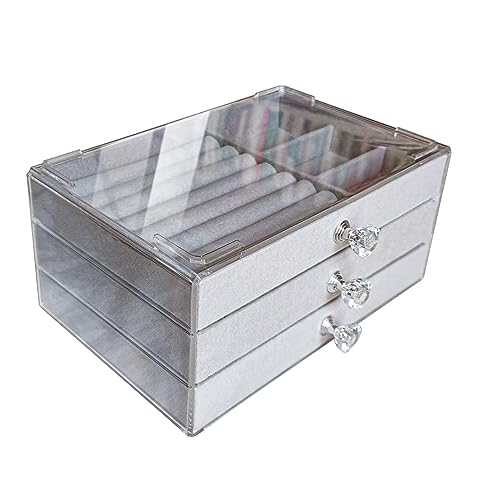 Clear Acrylic Velvet Jewelry Organizer with 3 Drawers, Stackable Storage for Earrings Necklace Ring Bracelet Box for Women Grey - color: Gray