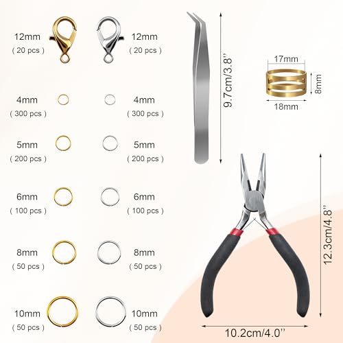 Jewelry Repair Kit, 1400 PCS Assorted Sizes Jump Rings Jewelry Making Supplies with Pliers Necklace Clasps Tweezers Opener for DIY Craft and Keychain (Silver and Gold)