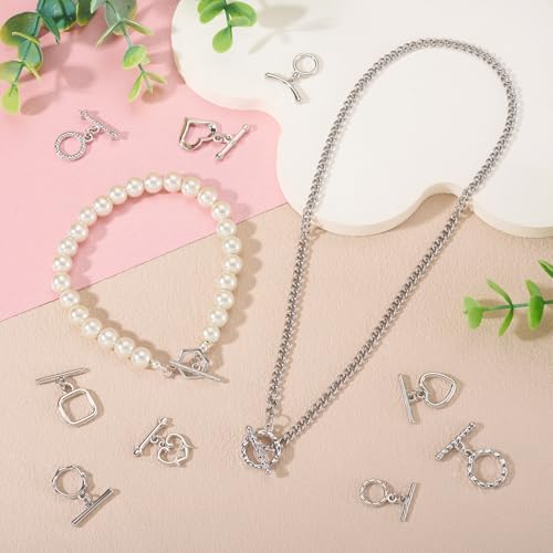 38Pcs Platinum Toggle Clasp, 19 Styles Bracelet Closure Clasps IQ Toggle Clasps Oval Flower Heart Clasp Fastener Hook Toggles Connectors for Necklace Bracelet Jewelry Making - color: Platinum-19 Styles