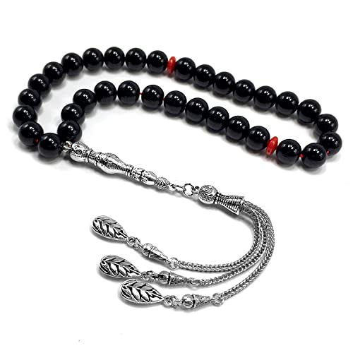 Simple Designed Natural Stone Worry Beads (8mm -33 Beads) - Prayer Beads Tesbih-Tasbih-Tasbeeh-Misbaha-Subha-Sebha-Sibha-Rosary (Black Shiny Glass -10 mm 33- Beads) - color: Black Shiny Glass -10 mm 33- Beads
