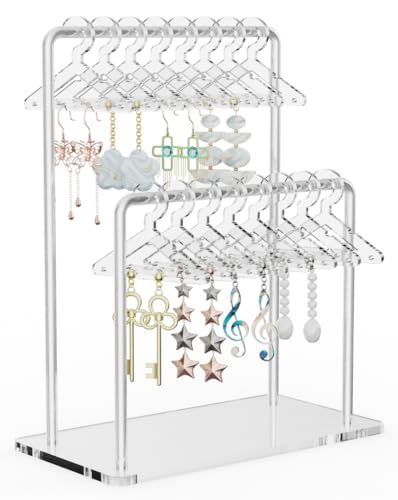 NiHome Clear Acrylic Earring Organizer Stand for Home, Store, Exhibition - Mirror-Finish 2-Tiered Display for 48 Pairs, 16 Mini Hangers Holder Tangle-Free Storage Adds Elegance to Jewelry Presentation - color: Clear, size: Without Tray