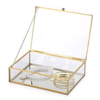 Hipiwe Glass Jewelry Display Box Gold Photo Organizer with Mirror Base Decorative Golden Box for Ring Earring Keepsake Makeup Treasure, 7.3 x 5.3 x 2 Inch - size: 7.3 x 5.3 x 2 Inch