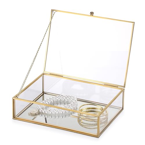 Hipiwe Glass Jewelry Display Box Gold Photo Organizer with Mirror Base Decorative Golden Box for Ring Earring Keepsake Makeup Treasure, 7.3 x 5.3 x 2 Inch - size: 7.3 x 5.3 x 2 Inch