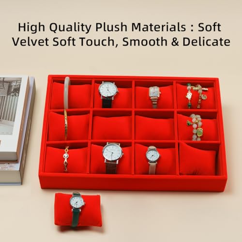 Jewelry Watch Tray, Red Velvet Watch Jewelry Organizer 12 Grid, Stackable Watch Bracelet Bangle Display Holder, Adjustable Pillows, for Man Woman Show Birthday - color: Red