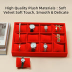 Jewelry Watch Tray, Red Velvet Watch Jewelry Organizer 12 Grid, Stackable Watch Bracelet Bangle Display Holder, Adjustable Pillows, for Man Woman Show Birthday - color: Red