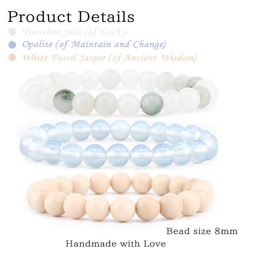 2/3-Pieces 4mm 6mm 8mm Natural Crystal Gemstone – Handmade Reiki Energy Healing Stretch Bracelets Jewelry for Yoga, Meditation, Unisex - color: 3 Pieces (Opalite&TianshanJade&WhiteFossilJasper), size: 8mm