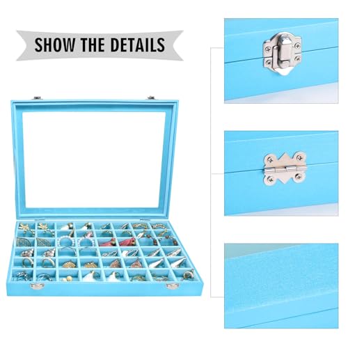 Siveit Jewelry Tray Organizer Box 48 Grid Jewelry Display Organizer Box with Transparent Lid Rings Earrings Necklaces Pendants Display Box Suitable for Women and Girls (48 Grid, Sky Blue) - color: Sky Blue