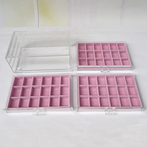 YUFONG Earring Organizer Box Acrylic Jewelry Organizer with 3 Drawers 54 Adjustable Grids Clear Stackable Earring Holder Velvet Trays Ring Display Case for Women Girls (Pink) - color: Pink