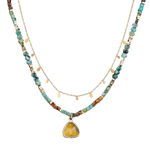 Plumiss Boho Handmade Natural Jasper Stone Beaded Crystal Mixed Strand Short Necklace for Women Girl - color: Tiger Eye Charm