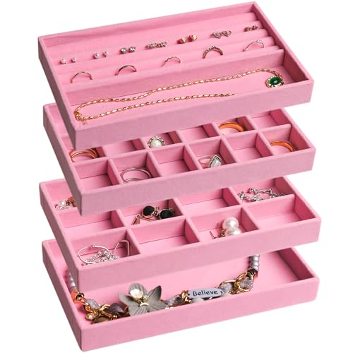 Frebeauty Jewelry Organizer Tray,Stackable Velvet Jewelry Trays,Drawer Inserts Earring Organizer For Women Jewelry Storage Display Case for Rings Stud Necklaces,Set of 4(Pink) - color: Pink, size: Set 4