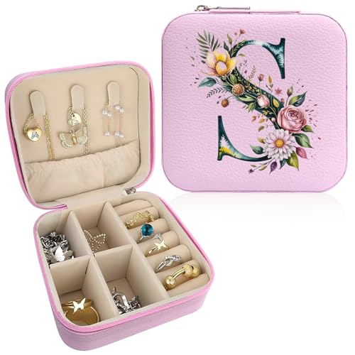 Monogram Jewelry Box Portable Print Jewelry Box, 1pcs Pink Compact Jewelry Box Travel Jewelry Case Travel Case Organizer Bag Storage Box Jewelry Holder For Necklace Earrings Rings Bracelet (Letter S) - color: Letter S 01