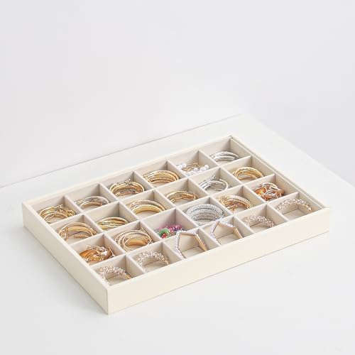 Stackable Jewelry Organizer Tray For Drawers,White Leather Small Earring Storage Tray,Bracelet And Necklace Display Box,Jewelry Ring Display Case (24 Grids) - style: 24 Grids