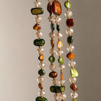 Long Boho Beaded Necklace for Women, Convertible Layered or Single Strand Necklace, Green Brown Irregular Stone Bead Necklace, Vintage Vacation Statement Jewelry