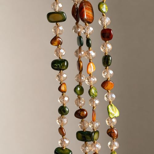 Long Boho Beaded Necklace for Women, Convertible Layered or Single Strand Necklace, Green Brown Irregular Stone Bead Necklace, Vintage Vacation Statement Jewelry