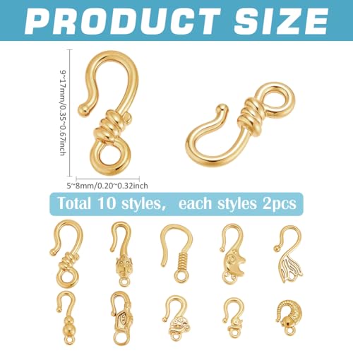PH PandaHall 20PCS Stainless Steel S-Hook Clasps, 10 Styles Golden S-Hook Jewelry Clasp Necklace Clasp Connectors for Necklace Bracelet Pendant Purse Making Keychain Handmade Crafts Jewelry - color: Gold