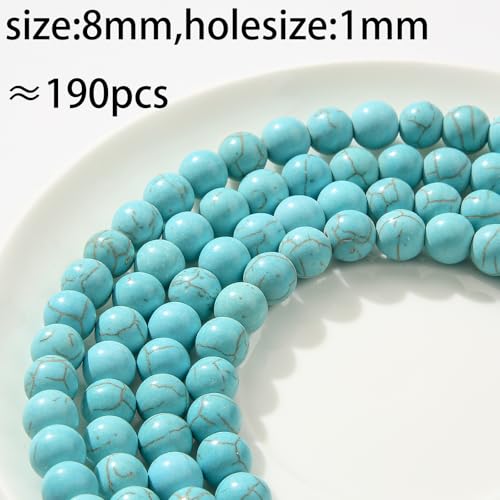 8mm Blue Turquoise Beads 190pcs Natural Stone Bead Gemstone Round Loose Beads for DIY Crafts Bracelet Necklace Earrings Jewelry Making(Blue) - color: blue