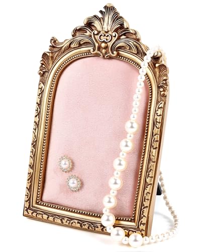 Wonderjune Jewelry Display Stand Vintage Necklace Organizer Ring Holder Earring Tray Resin Jewelry Photography Props Frame with Velvet Backing for Gifts - color: Pink, size: 7.4 x 4.5 Inches, style: Elegant