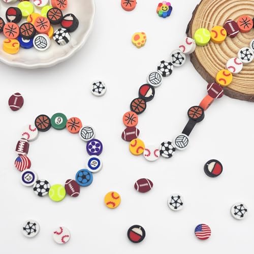 650pcs Sports Polymer Clay Beads Bracelet Making Kit, Gold Beads Clay Bead Charms, Baseball Football Basketball Soccer Volleyball, Clay Bead Charms for Jewelry Making, Necklace, Earring - color: Sports balls
