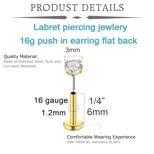 QWALIT Piercing Taper Threadless Insertion Tool - Titanium Labret Pin 16g, 18g, 20g - color: F32 - Gold Thick 16g