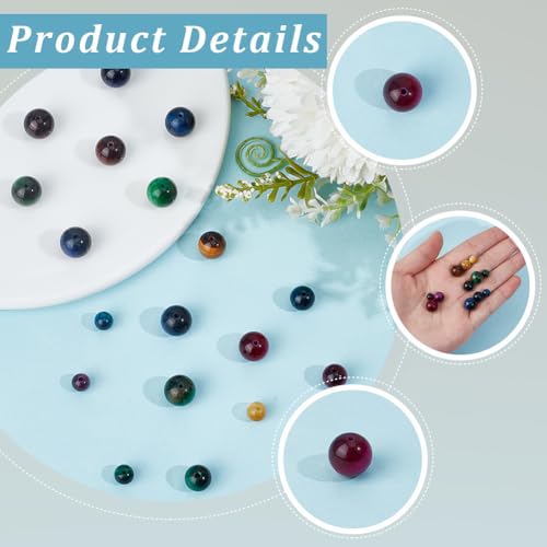 100PCS Natural Tiger Eye Stone Beads with Hole Round Energy Gemstone Pink Blue Green Smooth Polished Loose Spacer Bead Bulk for Jewelry Making Earrings Bracelets Necklaces DIY Crafts Supply - size: mix 100pcs