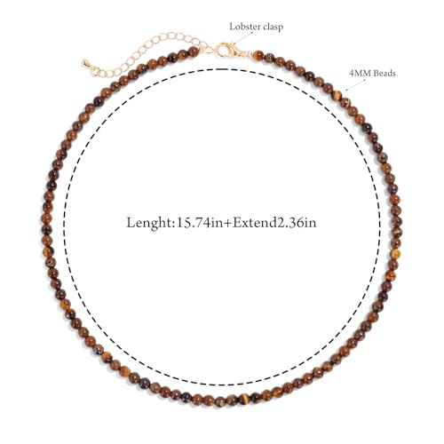 Crystal Choker Necklaces for Women,4mm Handmade Natural Stone Choker Beaded Necklace Healing Crystal Necklace Gemstone Bead Necklaces for Women - color: Tiger Eye