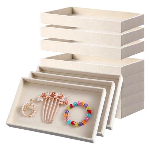 12 Pack 1 Grid Velvet Jewelry Trays, Stackable Jewelry Drawers Organizer Inserts, Beige Jewelry Storage Display Trays for Necklace, Earring, Ring, Bracelet, 8x4.6x0.91 Inches