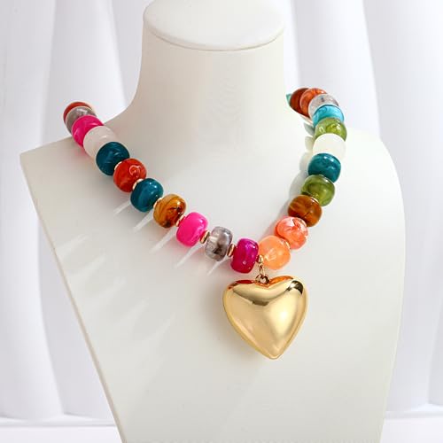 Gold Heart Pendant Necklaces for Women Colorful Acrylic Resin Beaded Choker Necklace Fashion Chunky Statement Beaded Heart Necklace - color: Colorful