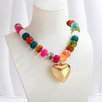 Gold Heart Pendant Necklaces for Women Colorful Acrylic Resin Beaded Choker Necklace Fashion Chunky Statement Beaded Heart Necklace - color: Colorful