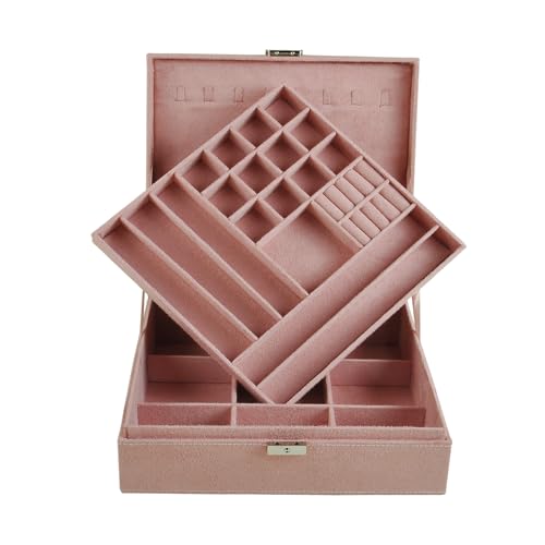Jewelry Boxes 10 x 10 Inches 2-layer Handle Necklace Holder Organizer Jewellery Women Rings Storage Display Girls Earrings Case Lockable Jewelry Tray GY641 (Pink) - color: Pink