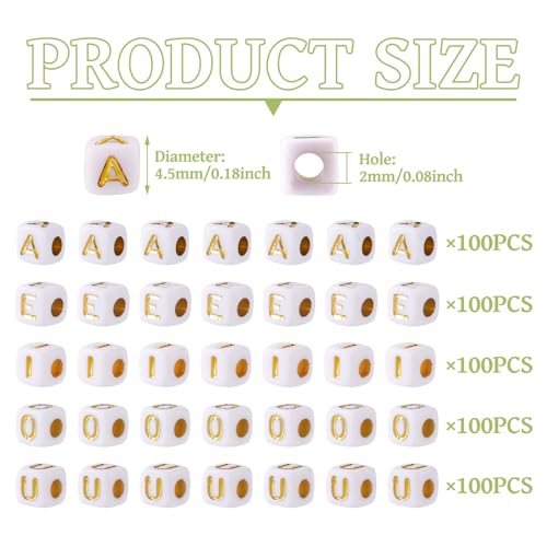 FASHEWELRY 500Pcs Acrylic Cube Vowel Letter Beads 4.5mm Square White Golden Alphabet AEIOU Spacer Beads for Friendship Bracelet Necklace Jewelry Making - color: 00-A/E/I/O/U-Gold, size: 4.5x4.5x4.5mm
