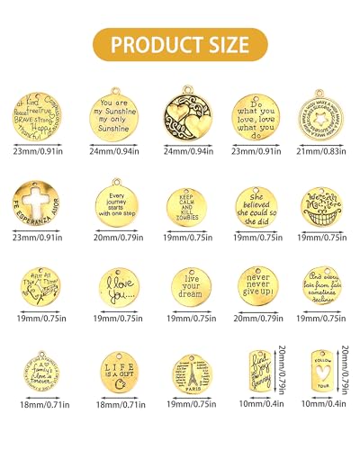 YETOOME 60 Pcs Antique Gold Inspiration Words Charms Engraved Motivational Charms Pendants for Jewelry Making Crafting Findings Accessory