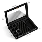bussdis Glass Lid Jewelry Organizer Box – Black Velvet Jewelry Case with Ring Slots, Necklace Hooks & Removable Compartments for Earrings, Rings & Bracelets - color: Black