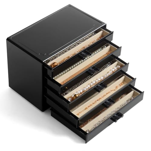 YUFONG Necklace Holder Organizer, Dustproof Necklace Box Velvet Necklace Organizer Box with Lid Clear Acrylic Dustproof Stackable Jewelry Displays for Necklaces Chain Display (Black Beige, 5 Drawer) - color: Black Beige, size: 5 Drawer
