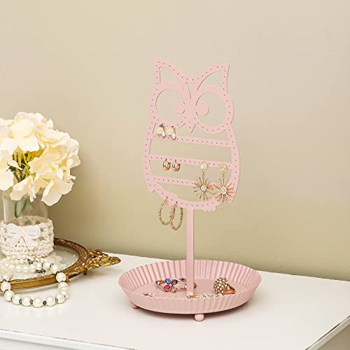 NIKKY HOME Earring Holder Hanging Organizer Stand Metal Jewelry Tree Table Top Owl Ear Stud Holder Tower Rack with Ring Tray for Girls (134 Holes), Pink - color: Pink