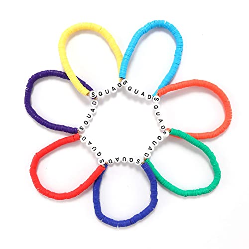 Rainbow Heishi Surfer Bracelets Set for Women Stackable Clay Beaded Bracelets Disc Stretch Preppy Bracelets Layering Colorful Friendship Bracelets Team Cheer Bulk Boho Summer Beach Jewelry Gift - style: SQUAD with Box