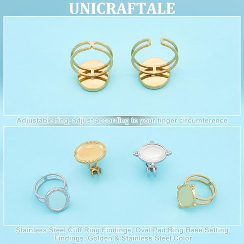 UNICRAFTALE 8Pcs 2 Colors Stainless Steel Open Cuff Rings Components Bezel Cup Rings Settings Gold Plated Oval Pad Ring Blanks Base Adjustable Blank Ring Tray 14x10.5mm for DIY Jewelry Making - size: Tray: 14x10.5mm