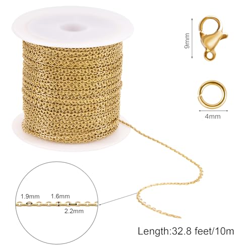 SMYHTGLIF 32.8 Feet Thin Cable Chain for Jewelry Making Gold Stainless Steel Bulk Chain Rolo Craft Jewelry - color: Rolo Gold