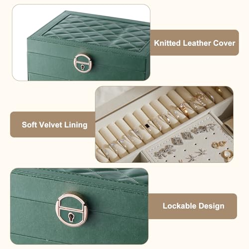 3 Layer Jewelry Box with Lock, Women Large Jewelry Holder Organizer with Drawer for Necklaces, Rings, Bracelets, Earrings, Watches, Valentines Gift for Mom Girl Wife (Green) - color: Green