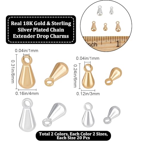 Beebeecraft 1 Box 80Pcs Teardrop Charms Dangle End Beads Extender Chain Drop Water Charms for Jewelry Making Findings - color: Gold and Silver, size: 6x3mm/8x4mm