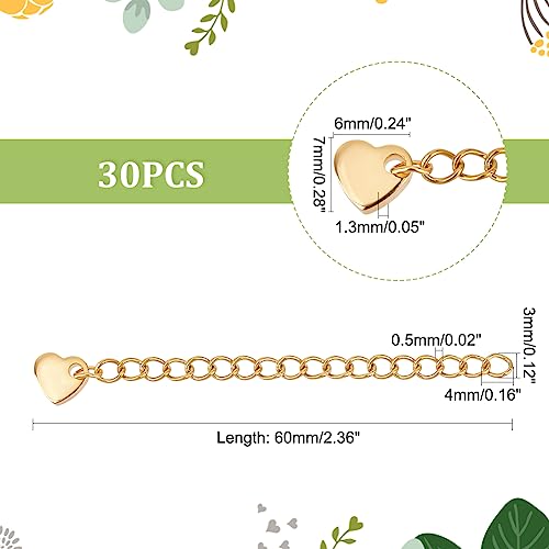 UNICRAFTALE About 30pcs 60mm Golden Chain Extension Necklace Extension Chain with Heart Charms Stainless Steel Chains Extender for Jewelry Making Supplies