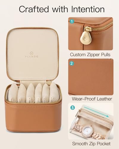 VLANDO Travel Jewelry Case,Valentines Gifts,Small Jewelry Box Organizer,Travel Jewelry Storage with 6 Velvet Jewelry Zipper Pockets, Birthday Gifts for Women Girls (Brown) - color: 6PCS-Brown