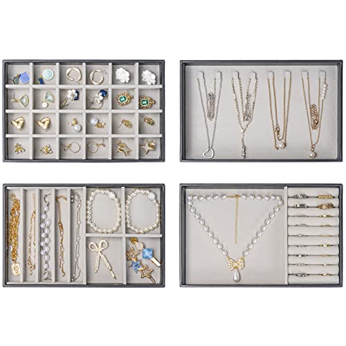 ProCase Stackable Jewelry Organizer Trays for Drawers, Jewelry Drawer Inserts Container Display Case Storage for Earring Necklace Rings Bracelet with Removable Dividers -Black, 4 Layers - color: Black, size: 4 Layers