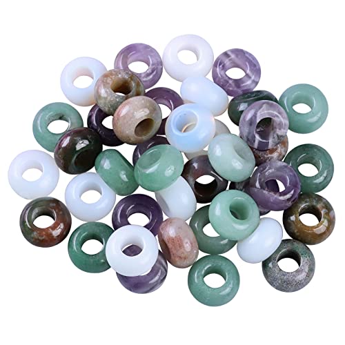 TUMBEELLUWA 40pcs Crystal Stone Large Hole Beads for Jewelry Making Macrame Beads for Hair Braids(14mmx8mm), Opalite + Indian Agate + Amethyst + Green Aventurine - color: #1 Green+Purple+White+Other