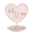 Earring Holder for Girls – Heart-Shaped Pink Metal Stand Jewelry Organizer with Tray for Rings & Bracelets, Cute Vanity Display for Teen Room Decor