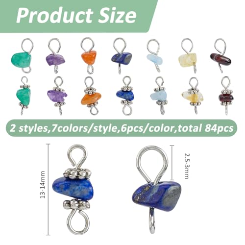 SUPERFINDINGS 84Pcs 7 Colors Gemstone Chip Charms Natural Stone Link Charms Double Loops Connector Antique Silver Stone Charm DIY Jewelry Making for Necklaces Bracelets Anklets