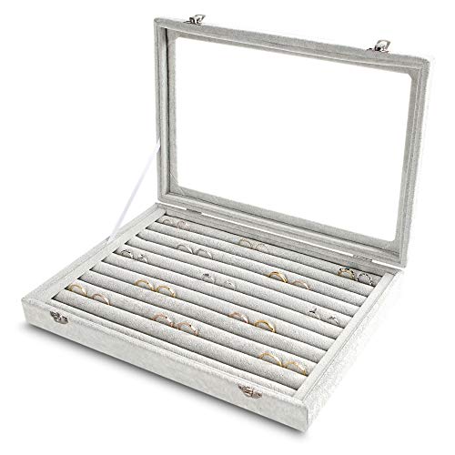 Frebeauty Rings/Earrings Organizer Tray with Clear Lid 10 Slots Velvet Drawer Insert Jewelry Storage box with Glass lid Jewelry Display Case Showcase Gift for Girls Women (Grey, 10 Slots) - color: Grey, size: 10 Slots