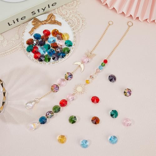 1 Box 120Pcs 10 Colors 14mm Crystal Glass Octagon Beads Colorful Suncatcher Beads Bulk 2 Hole Prism Chandelier Replacement Connector Faceted Spacers for DIY Lamp Hanging Pendant Jewelry Craft - color: Mixed Color