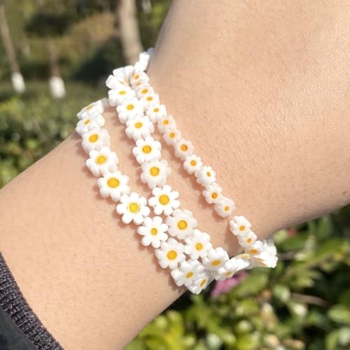 60Pcs Handmade Glass Beads White Daisy Flower Beads Small Beads for Jewelry Making Flat Flower Crystal Loose Spacer Beads for Bracelets Necklace Earrings Making and DIY Craft with Hole
